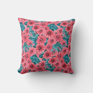Red watercolor petunia flower pattern cushion