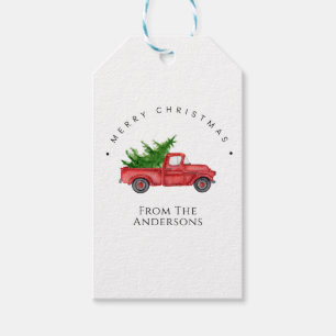 Red Watercolor Pick Up Truck With Christmas Tree Gift Tags