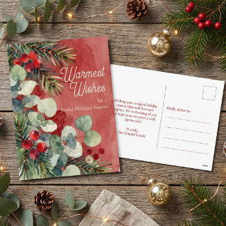 Red Watercolor Pine Eucalyptus Christmas Holiday Postcard