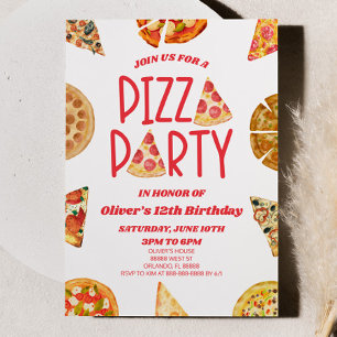 Red Watercolor Pizza Party Birthday Party Invitation