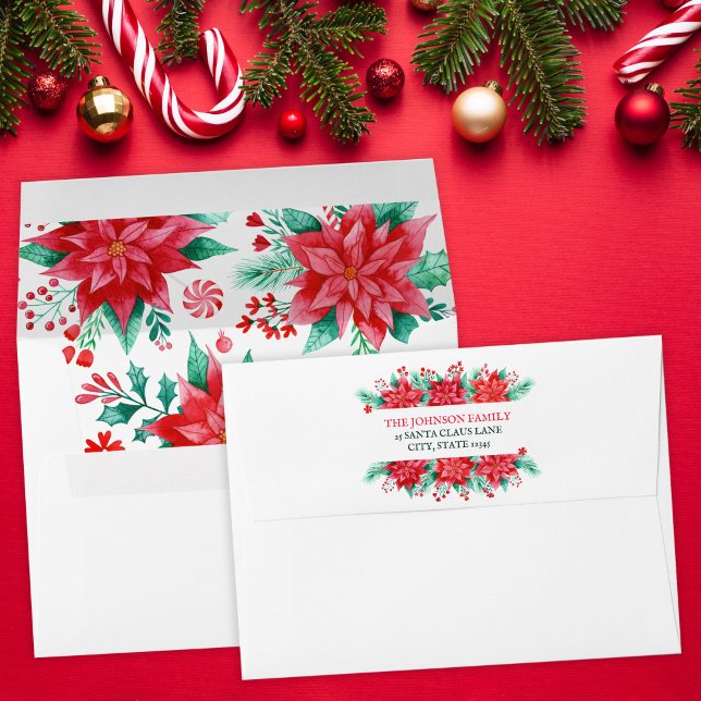 Red Watercolor Poinsettia Floral Christmas Envelope (Red Watercolor Poinsettia Flowers Christmas Envelope)