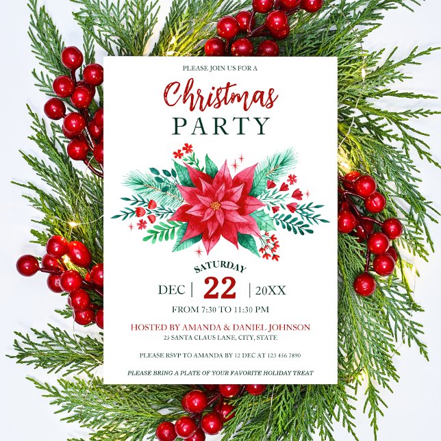 Red Watercolor Poinsettia Floral Christmas Party Invitation (Red Watercolor Poinsettia Flowers Christmas Party Invitation)