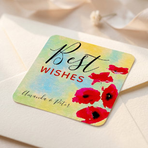 Red Watercolor Poppies Best Wishes Square Sticker