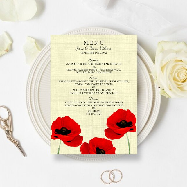 Red Watercolor Poppies Floral Wedding Collection Menu (Creator Uploaded)