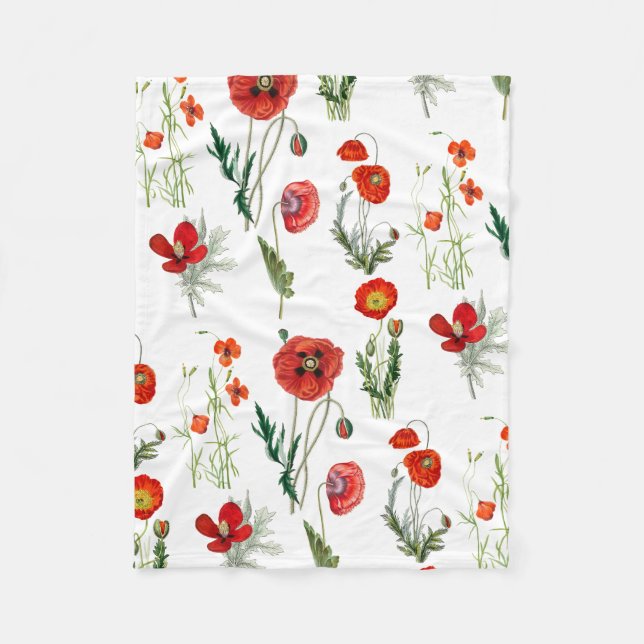 Red Watercolor Poppies Florals Fleece Blanket (Front)