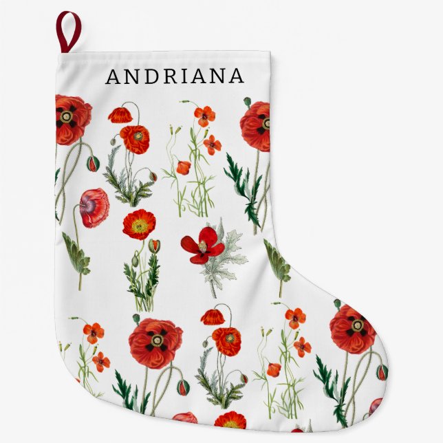 Red Watercolor Poppies Florals Large Christmas Stocking (Front)
