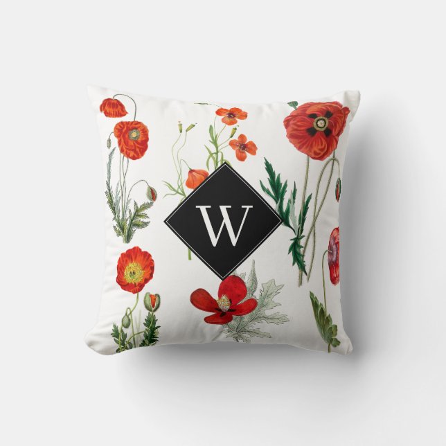 Red Watercolor Poppies Florals Monogram Cushion (Front)