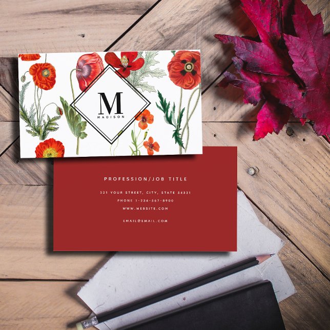 Red Watercolor Poppies Florals Professional  Business Card (Red Watercolor Poppies Florals Professional Business Card)