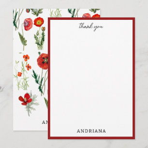 Red Watercolor Poppies Florals Thank You Card