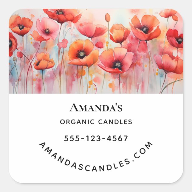 Red Watercolor Poppies in a Field Business Square Sticker (Front)