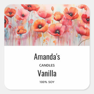 Red Watercolor Poppies in a Field Candle Business Square Sticker