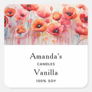 Red Watercolor Poppies in a Field Candle Business Square Sticker