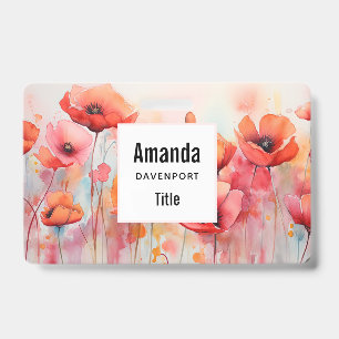 Red Watercolor Poppies in a Field ID Badge