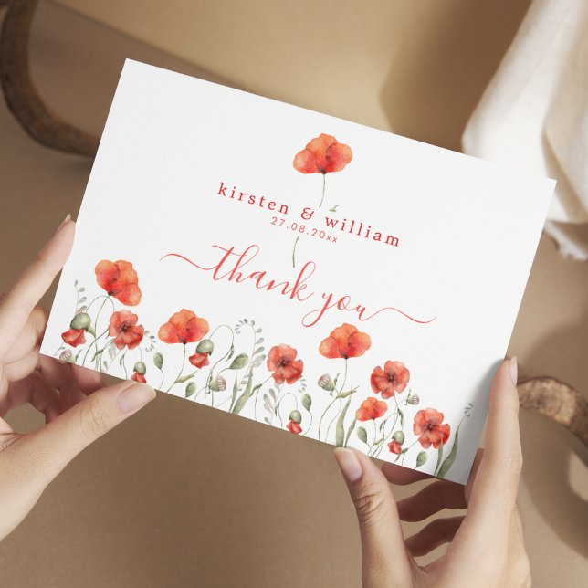 Red Watercolor Poppies, Wedding Thank You Postcard (Creator Uploaded)