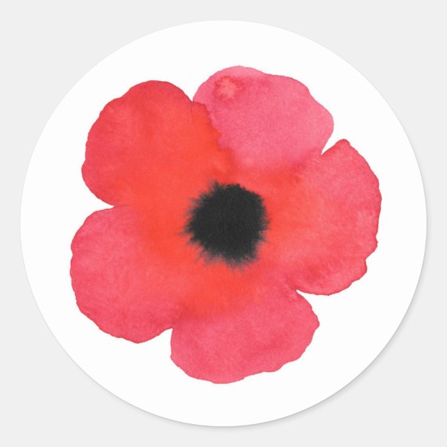 Red Watercolor Poppy Classic Round Sticker (Front)
