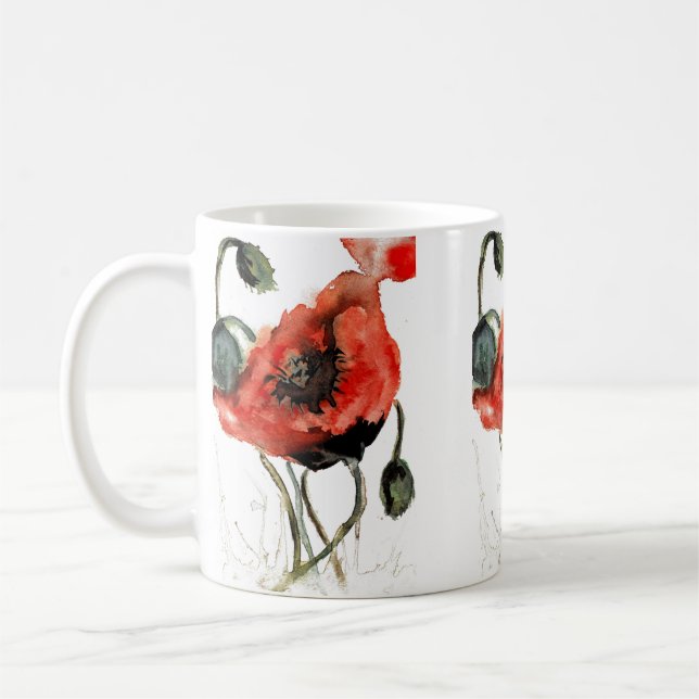 Red watercolor poppy seed flowers coffee mug (Left)