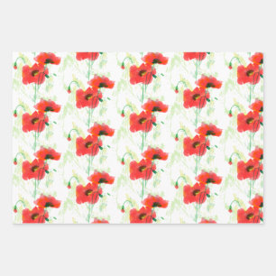 Red watercolor poppy wrapping paper sheet