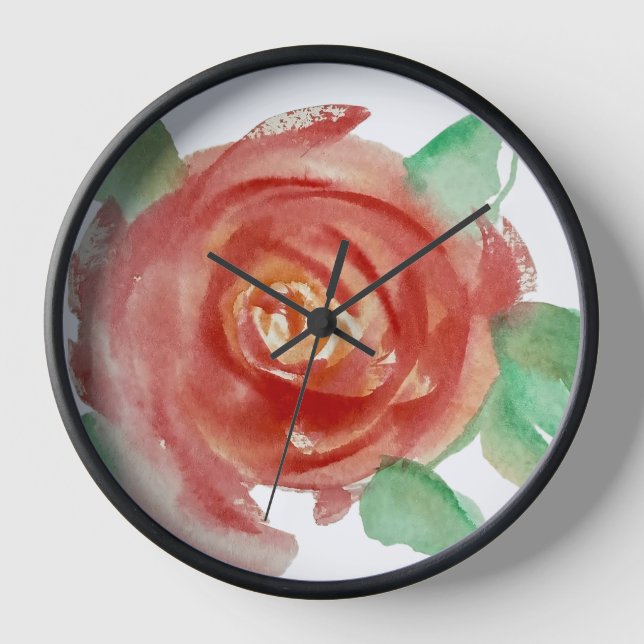 Red Watercolor Rose Artistic Floral Wall Clock (Front)