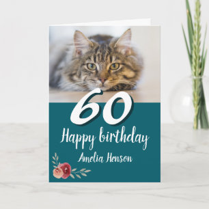 Red Watercolor Rose Cat Photo 60th Birthday  Card
