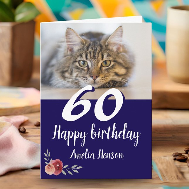 Red Watercolor Rose Cat Photo 60th Birthday  Card (Creator Uploaded)