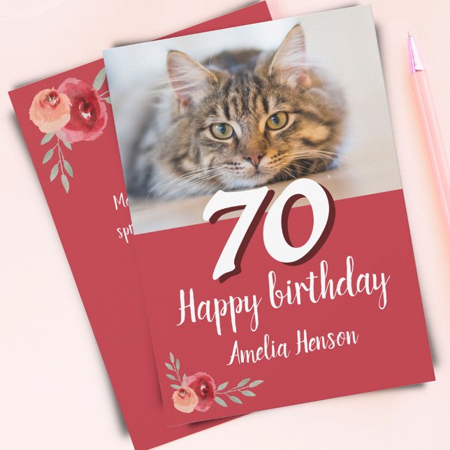 Red Watercolor Rose Cat Photo 70th Birthday (Creator Uploaded)