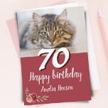 Red Watercolor Rose Cat Photo 70th Birthday Card<br><div class="desc">Red Watercolor Rose Cat Photo 70th Birthday Card. Watercolor roses in red and orange colours. A photo of a cat for cat lovers. Add name and message inside.</div>