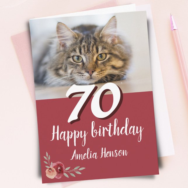 Red Watercolor Rose Cat Photo 70th Birthday Card (Creator Uploaded)