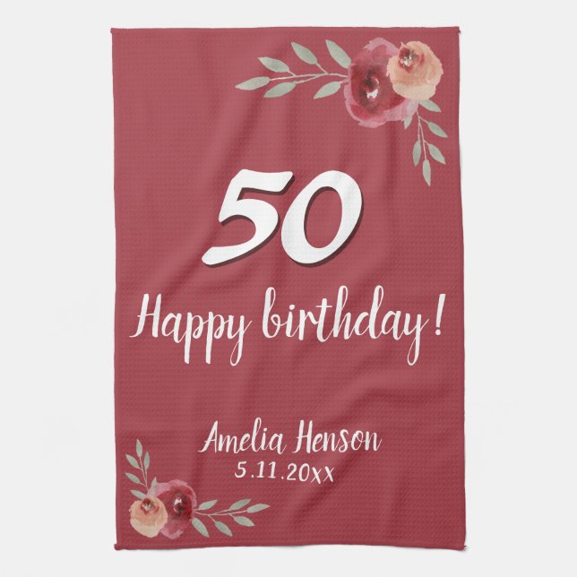 Red Watercolor Rose Floral 50th Birthday Tea Towel (Vertical)
