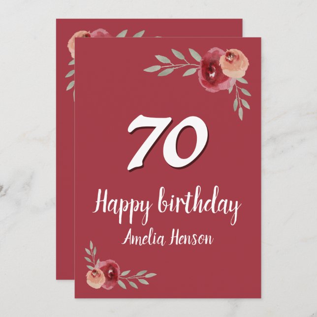 Red Watercolor Rose Floral 70th Birthday (Front/Back)