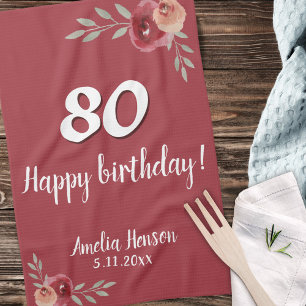Red Watercolor Rose Floral 80th Birthday Tea Towel
