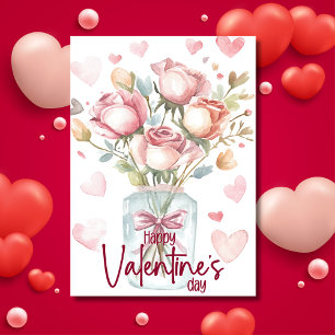 Red watercolor rose jar Happy Valentines Day Holiday Card