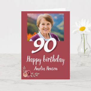 Red Watercolor Rose Photo 90th Birthday Card