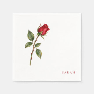 Red Watercolor Rosebud Stem Shower Cocktail Napkin