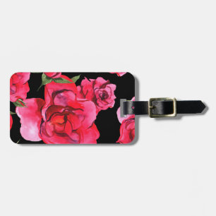 Red Watercolor Roses And Greenery on Black Luggage Tag
