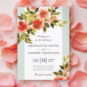 Red Watercolor Roses Mint and White Wedding Invitation