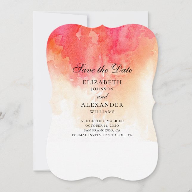 Red watercolor save the date. Peach wedding modern Date (Front)
