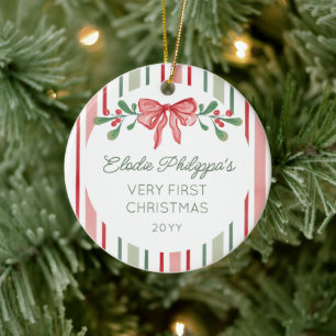 Red Watercolor Sprigs Bow Baby's First Christmas Ceramic Tree Decoration