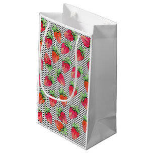 Red Watercolor Strawberries on Black & White Dots Small Gift Bag