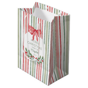 Red Watercolor Stripes Bow Merry Christmas Medium Gift Bag