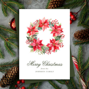 Red Watercolor Style Poinsettia Wreath Christmas Holiday Card