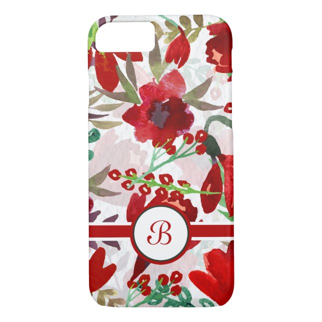 Red Watercolor Tulips, Monogram Case-Mate iPhone Case (Back)