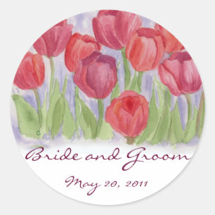 Red Watercolor Tulips Wedding Date Bride Groom Classic Round Sticker
