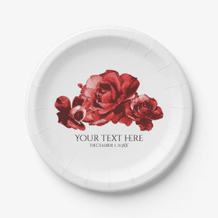 Red Watercolor Vintage Roses Elegant Wedding Paper Plate