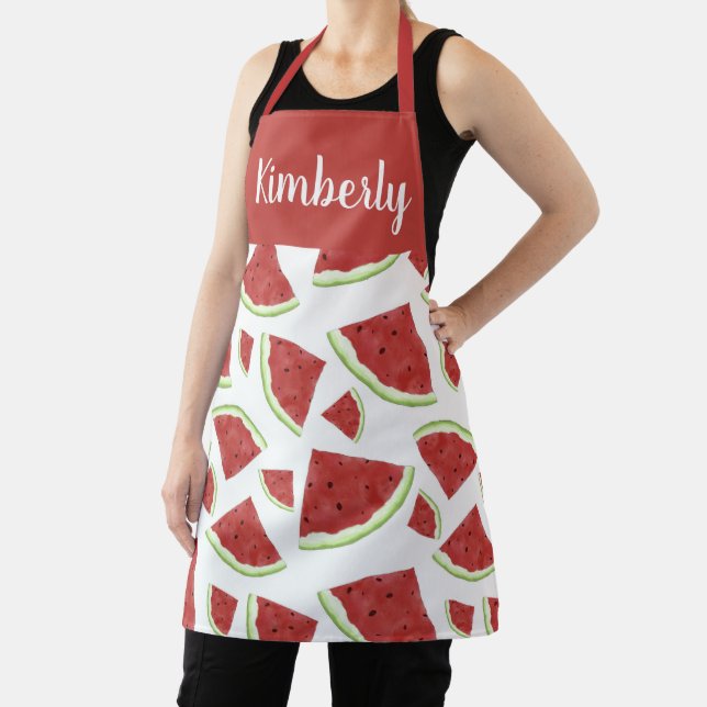 Red watercolor watermelon custom name apron (Insitu)