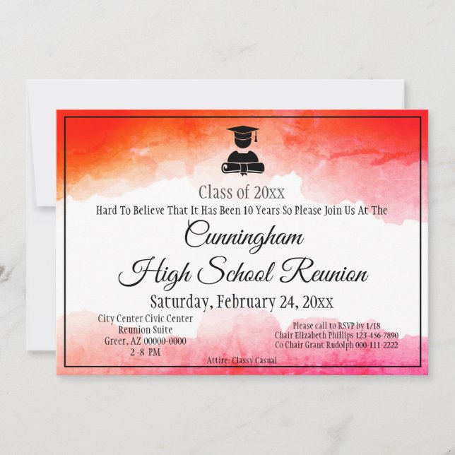 Red Watercolor White High School Class Reunion Invitation (Front)