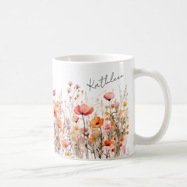 Red watercolor wild flowers coffee mug (Right)