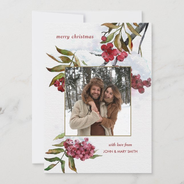 Red Watercolor Winter Berries in Snow Photo Holiday Card (Front)