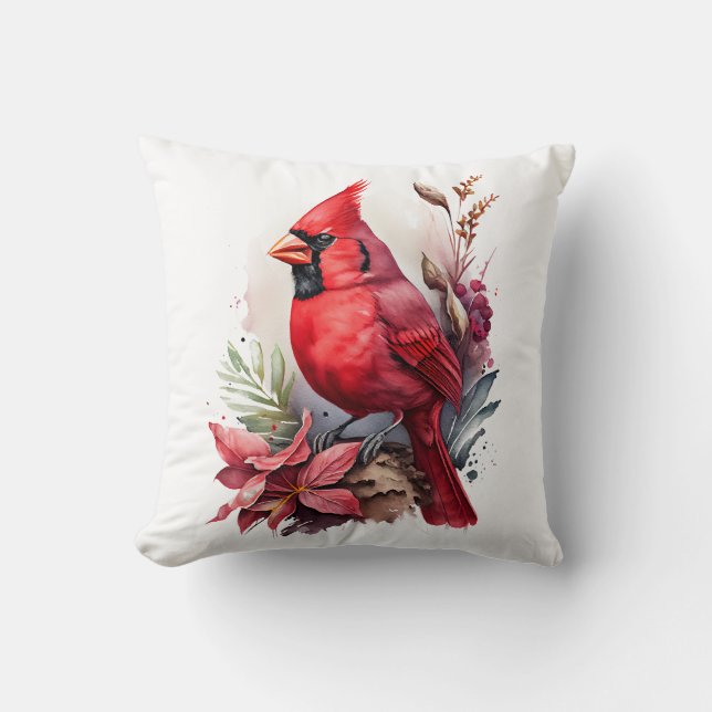 Red Watercolor Winter Cardinal Bird Cushion (Front)
