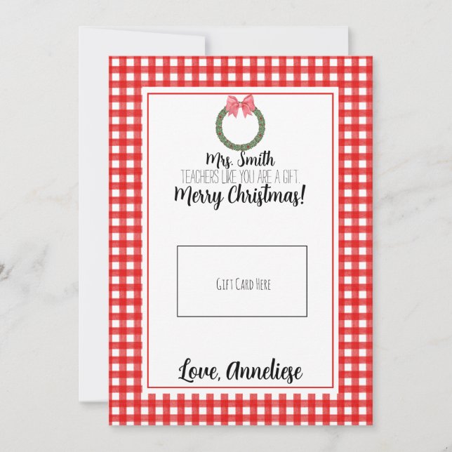 Red Watercolor Wreath Teacher Christmas Gift Card (Front)