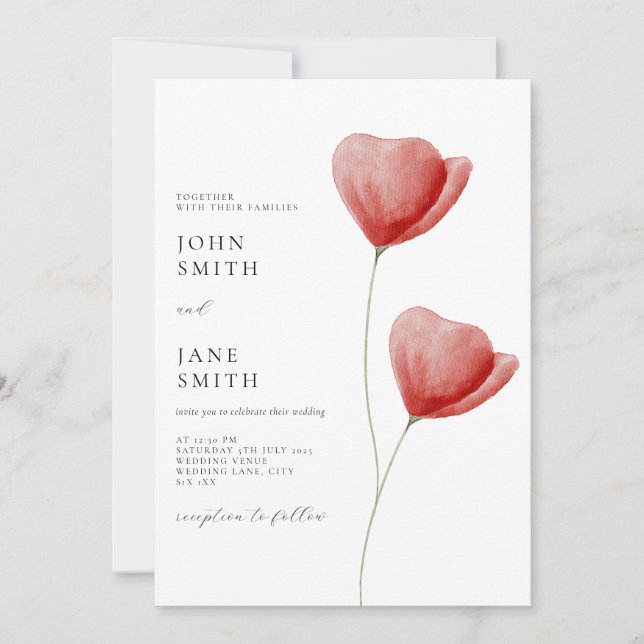 Red watercolour floral wedding invitation (Front)